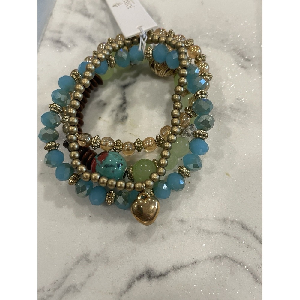 Joslyn Boho Beaded Bracelet Stack Turquoise Green Gold Heart Charm Stretch Set